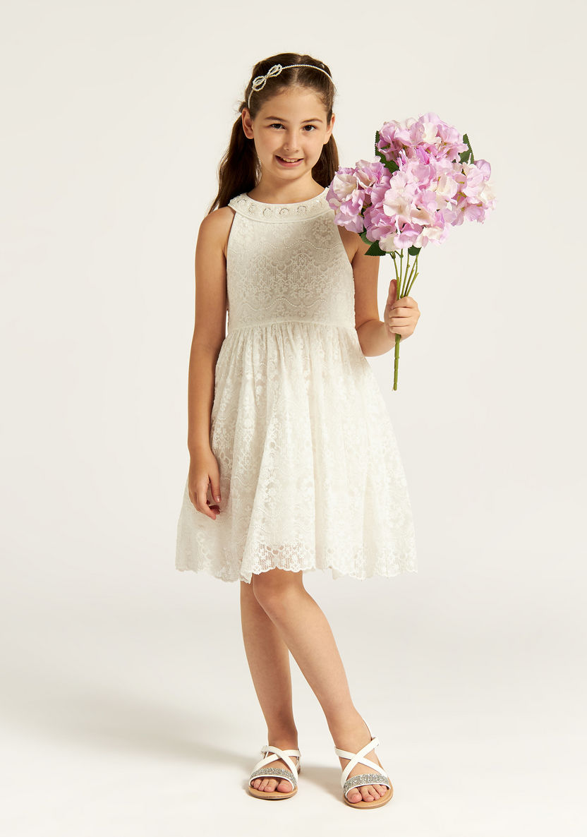 Juniors Lace Textured Sleeveless A-line Dress with Halter Neck-Dresses, Gowns & Frocks-image-1