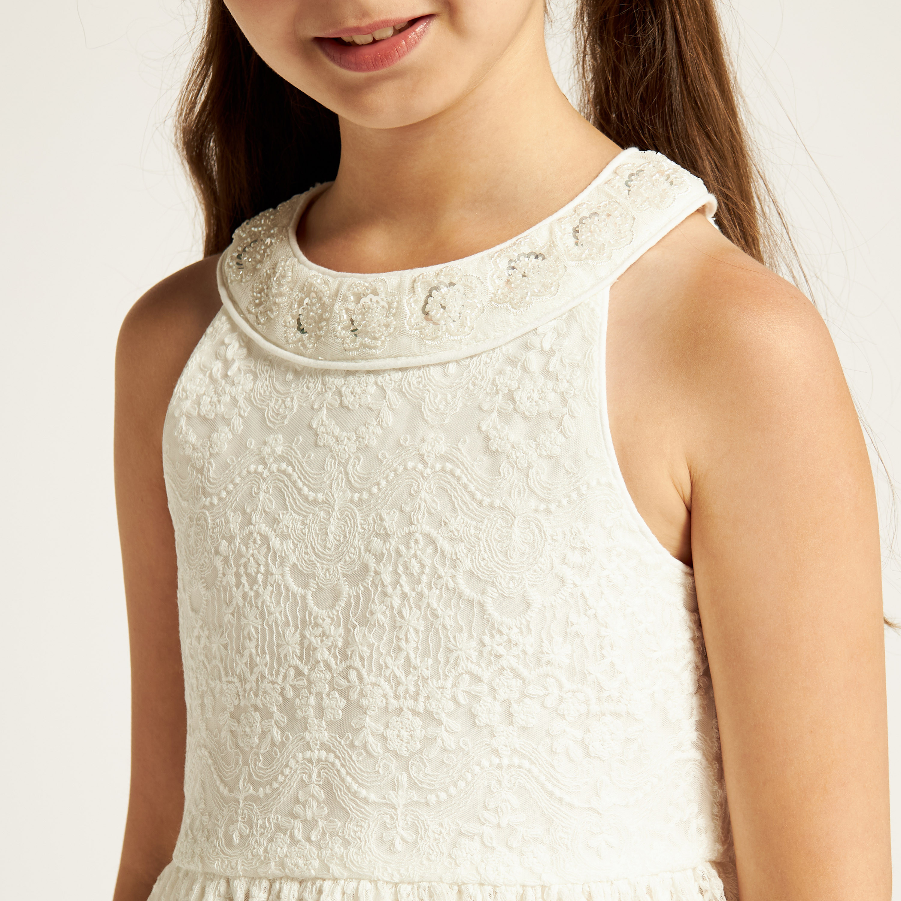 Juniors Lace Textured Sleeveless A-line Dress with Halter Neck-girls-clothing-dressesandjumpsuits-image-3