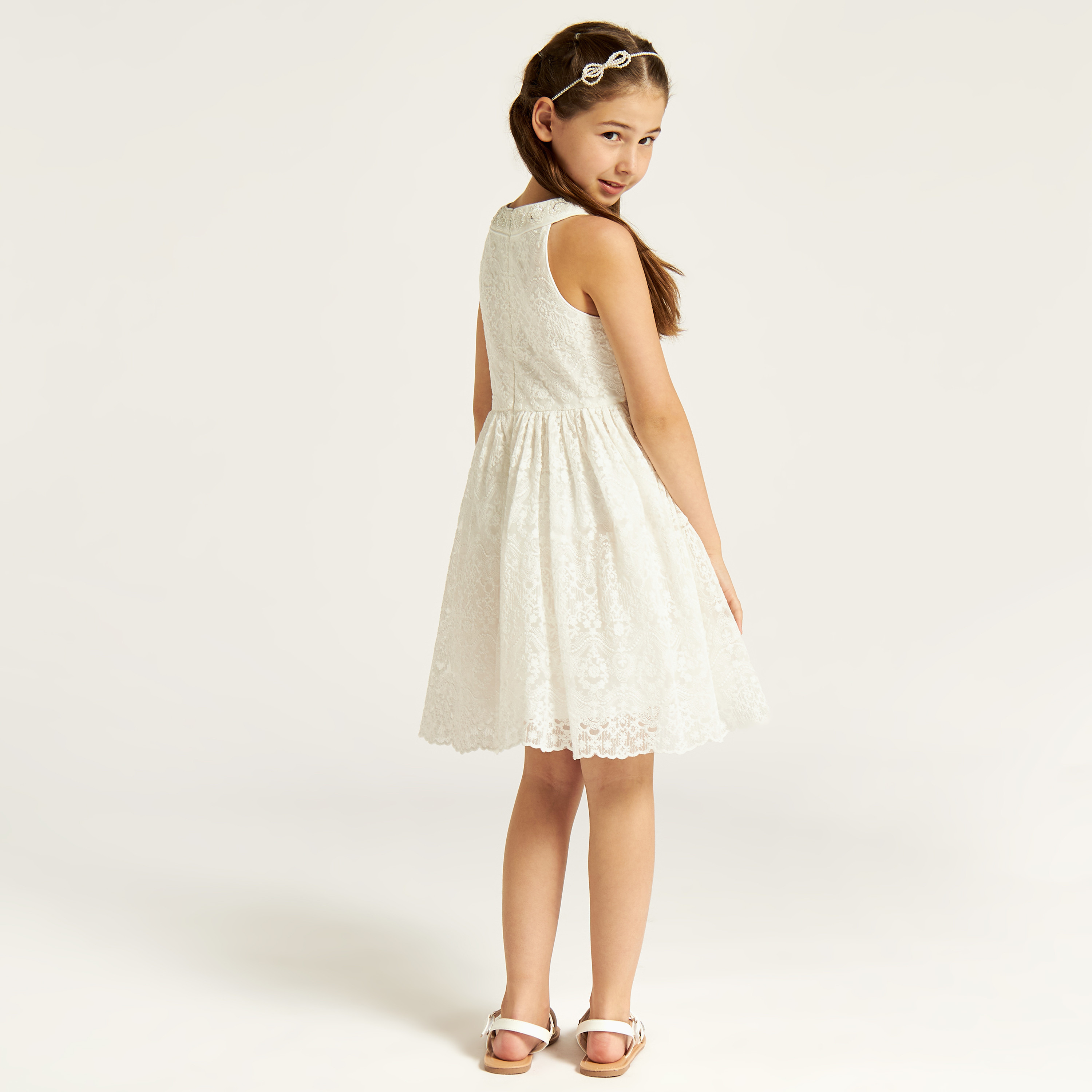 Juniors Lace Textured Sleeveless A-line Dress with Halter Neck-girls-clothing-dressesandjumpsuits-image-4