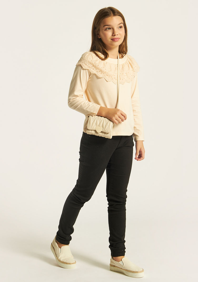 Juniors Solid Round Neck Top with Long Sleeves and Lace Detail-T Shirts-image-0
