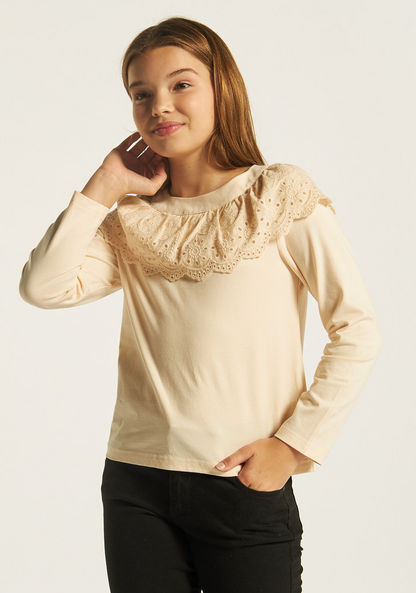 Juniors Solid Round Neck Top with Long Sleeves and Lace Detail-T Shirts-image-1