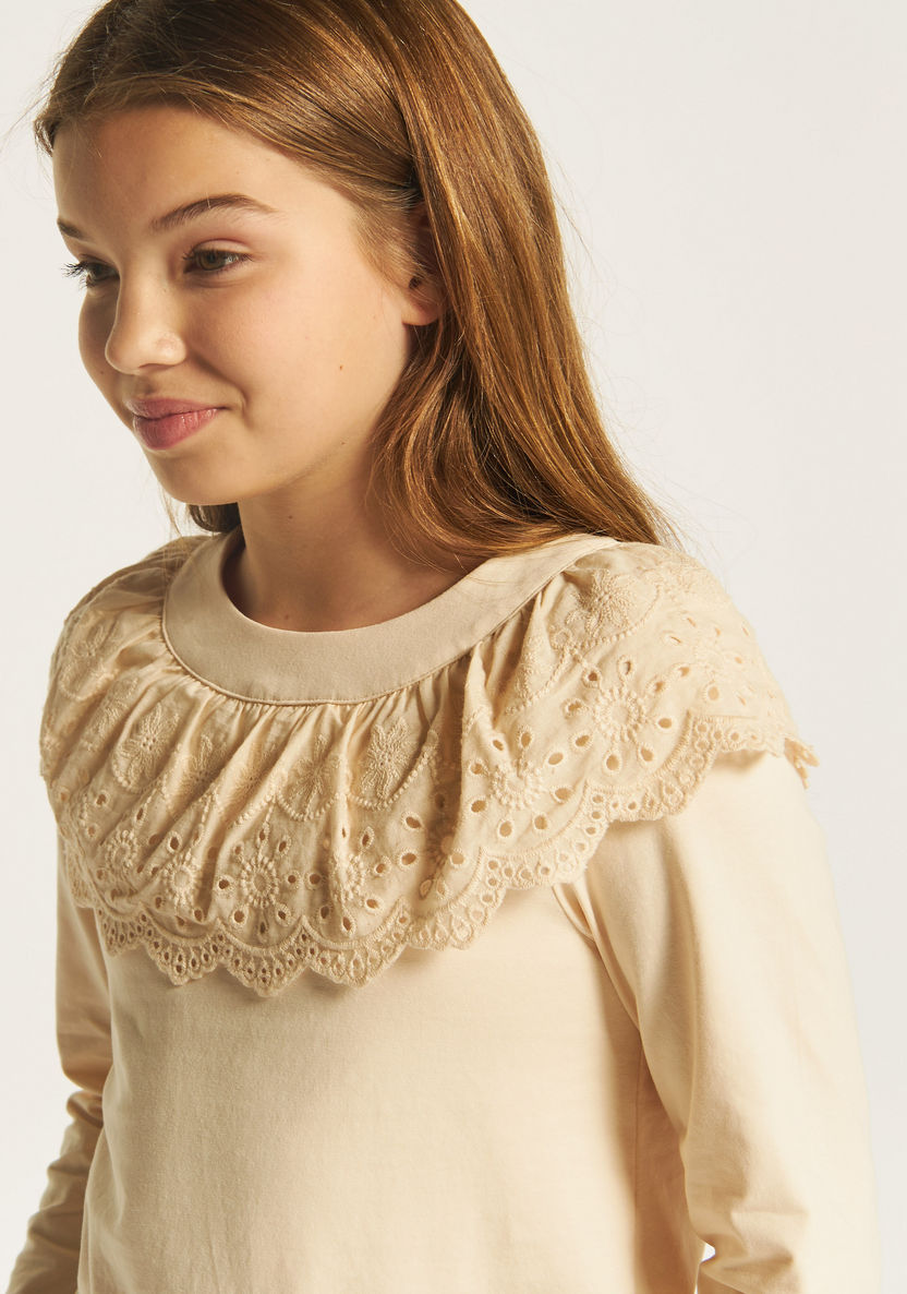 Juniors Solid Round Neck Top with Long Sleeves and Lace Detail-T Shirts-image-2