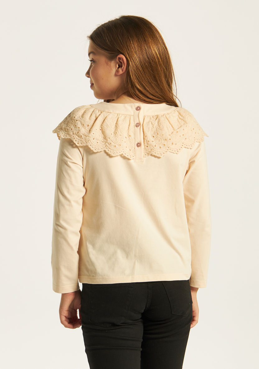 Juniors Solid Round Neck Top with Long Sleeves and Lace Detail-T Shirts-image-3