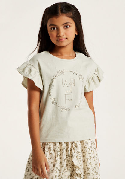 Printed T-shirt with Round Neck and Ruffle Detail