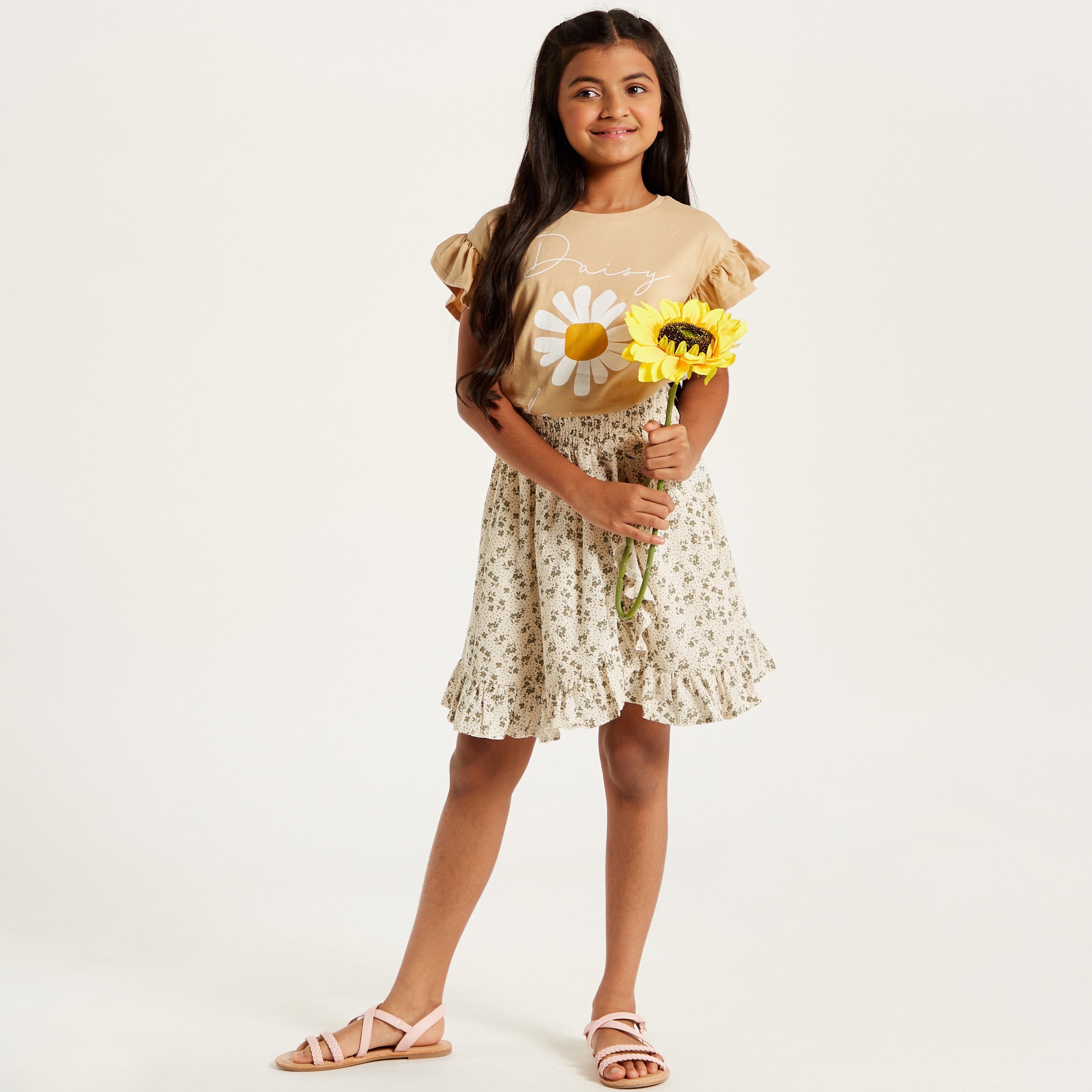 Eligo Floral Print T-shirt with Round Neck and Ruffle Detail-girls-clothing-schoolwear-tshirts-image-1