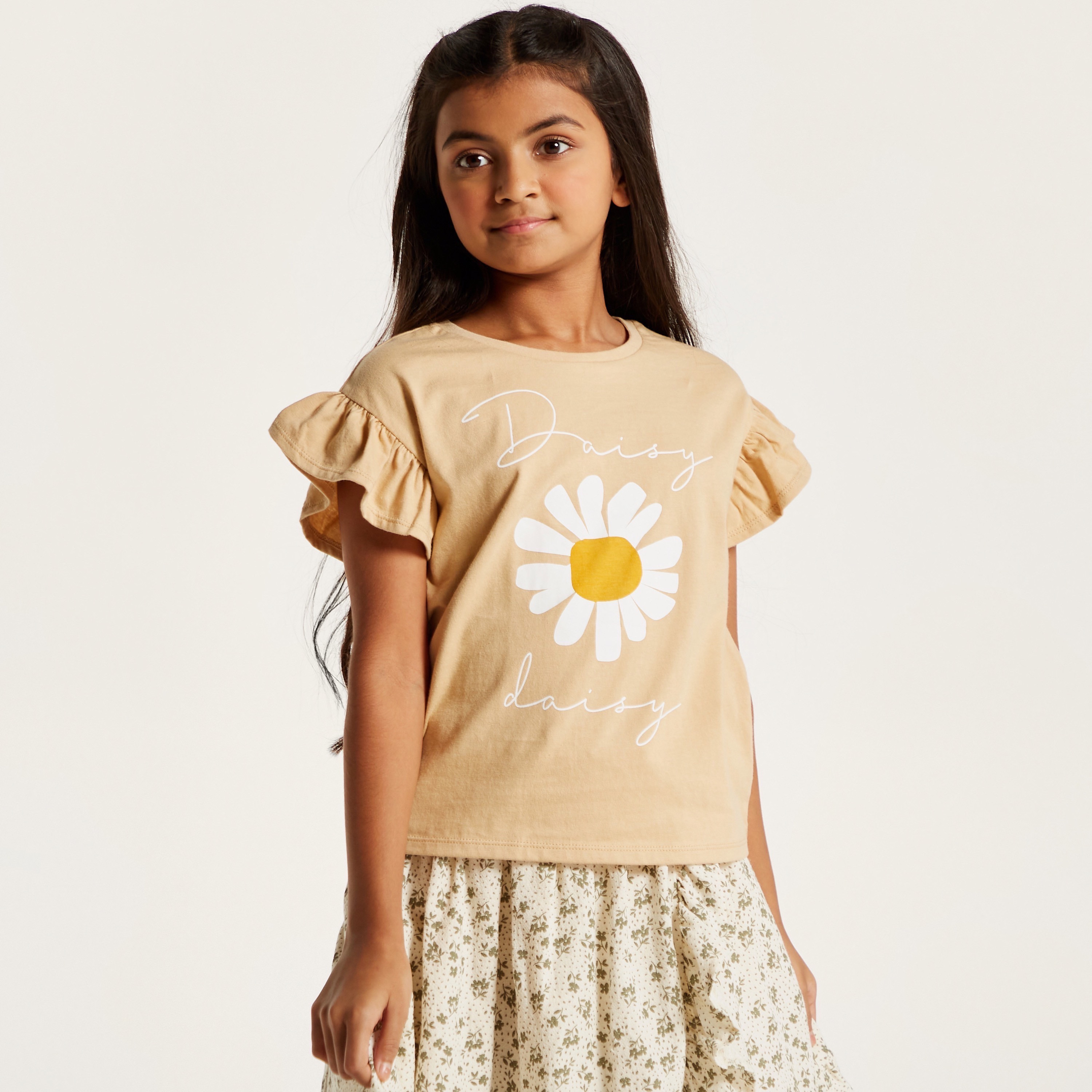 Eligo Floral Print T-shirt with Round Neck and Ruffle Detail-girls-clothing-schoolwear-tshirts-image-2