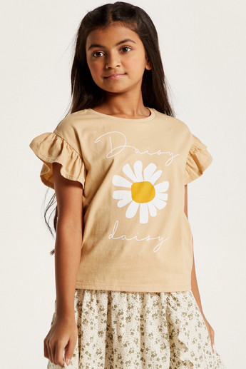 Floral Print T-shirt with Round Neck and Ruffle Detail