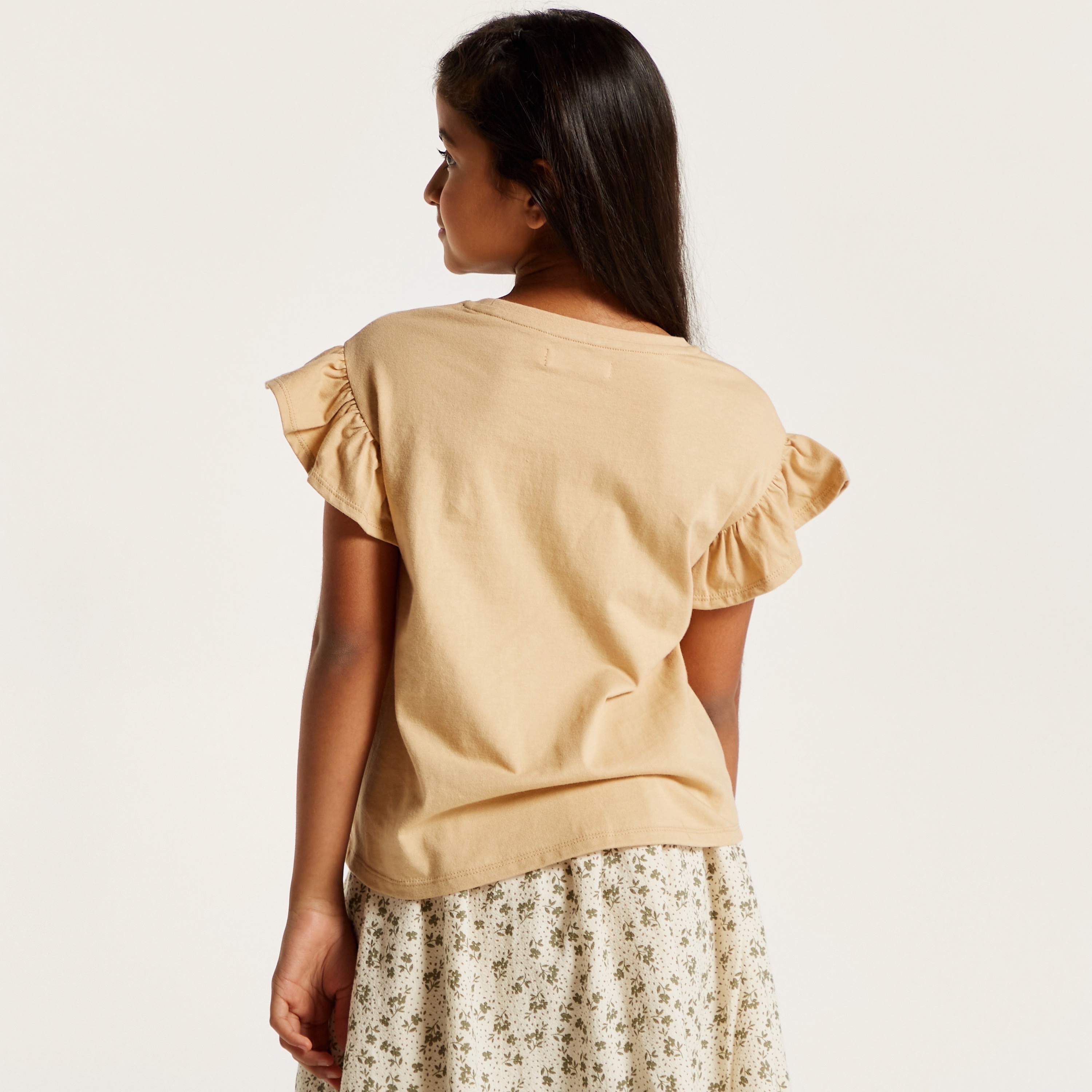 Eligo Floral Print T-shirt with Round Neck and Ruffle Detail-girls-clothing-schoolwear-tshirts-image-4