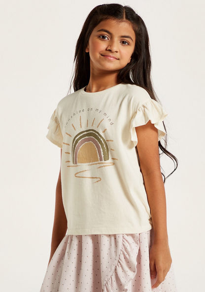 Printed T-shirt with Round Neck and Ruffle Detail-T Shirts-image-1