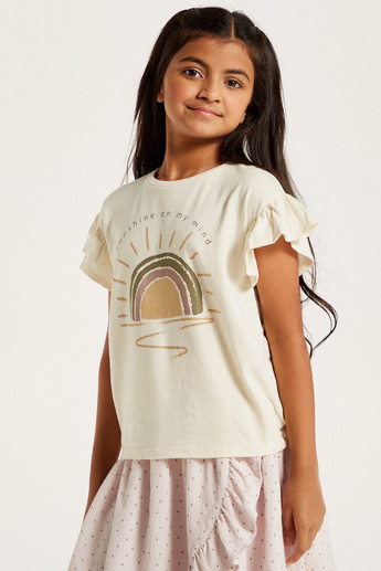 Printed T-shirt with Round Neck and Ruffle Detail