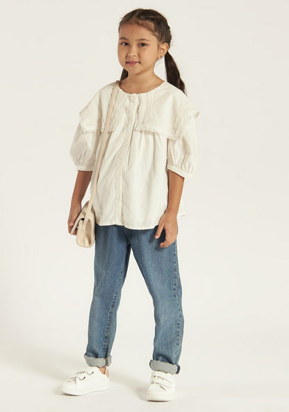 Juniors Lace Textured Shirt with Button Closure and Short Sleeves