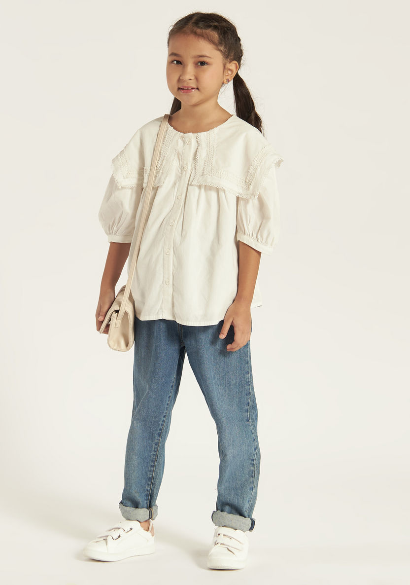 Juniors Lace Textured Shirt with Button Closure and Short Sleeves-Blouses-image-0