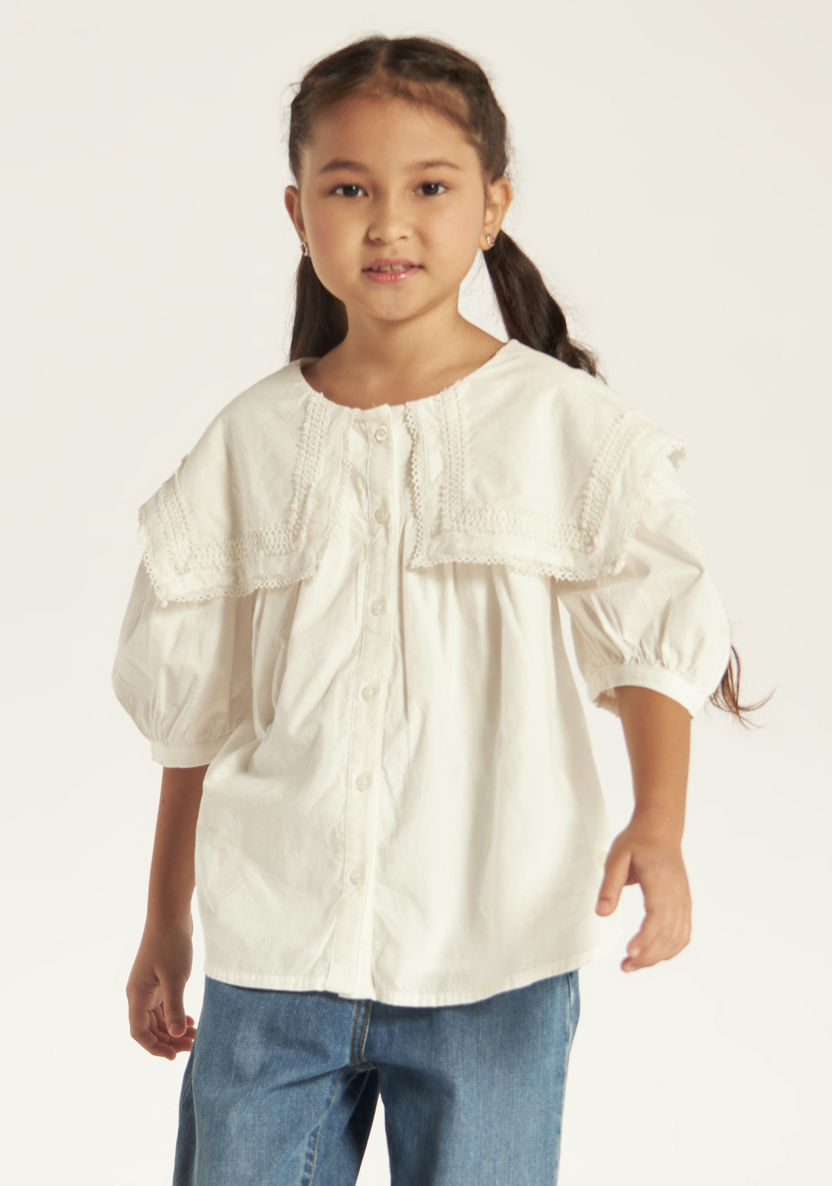Juniors Lace Textured Shirt with Button Closure and Short Sleeves-Blouses-image-1