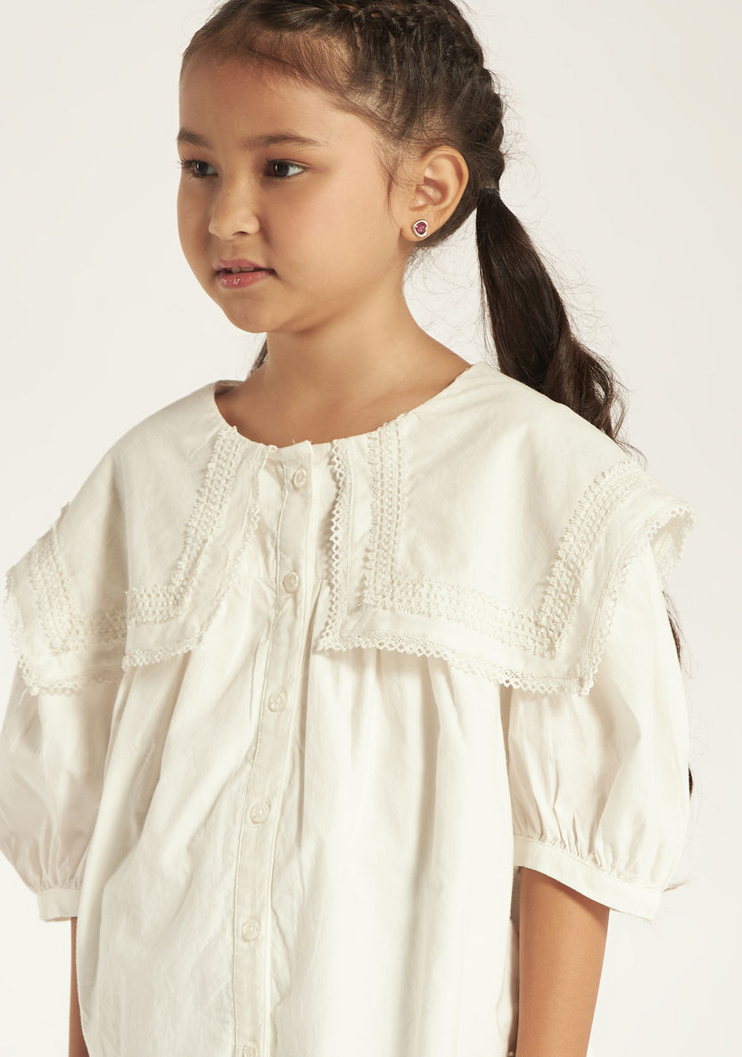Juniors Lace Textured Shirt with Button Closure and Short Sleeves-Blouses-image-2