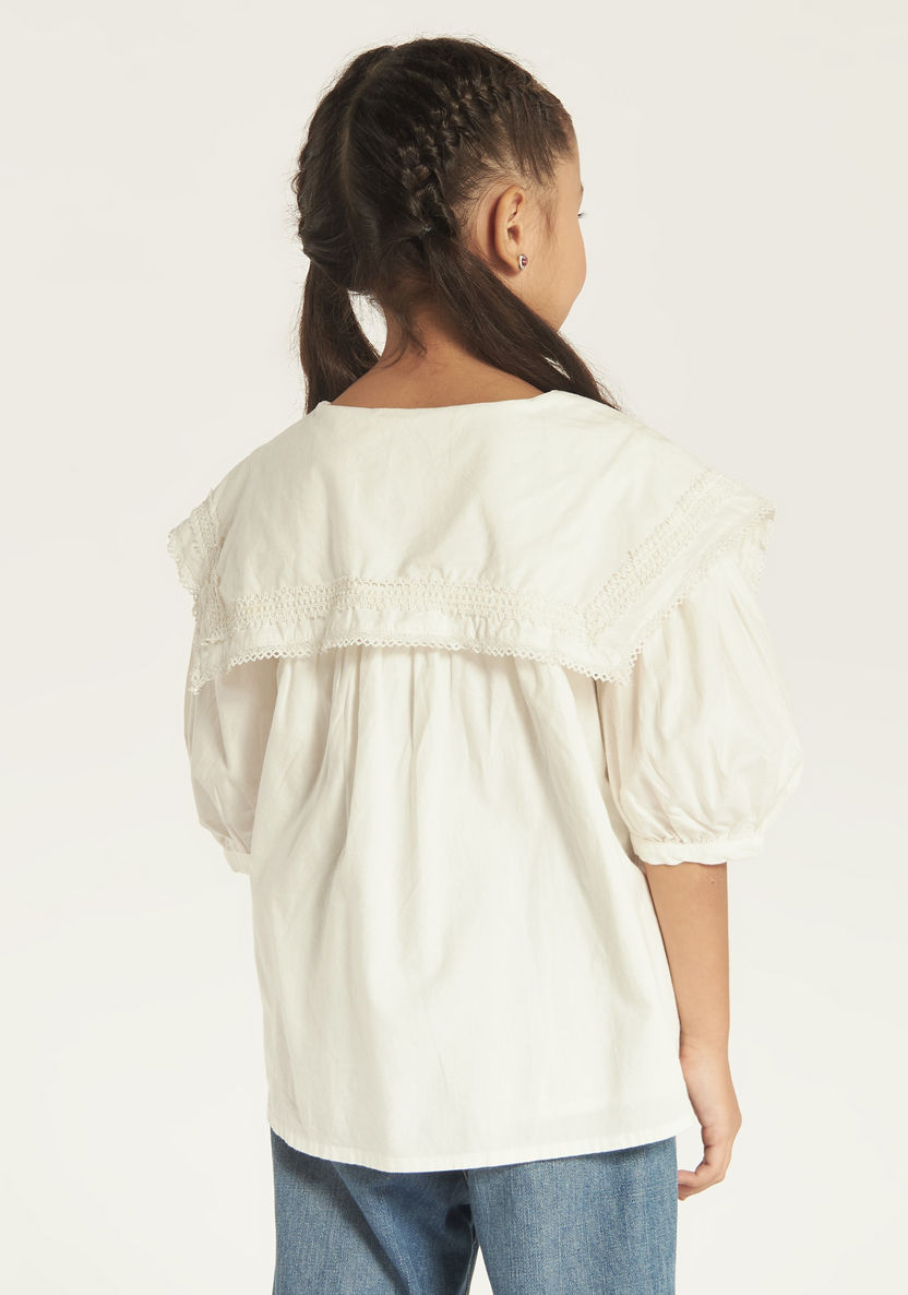Juniors Lace Textured Shirt with Button Closure and Short Sleeves-Blouses-image-3