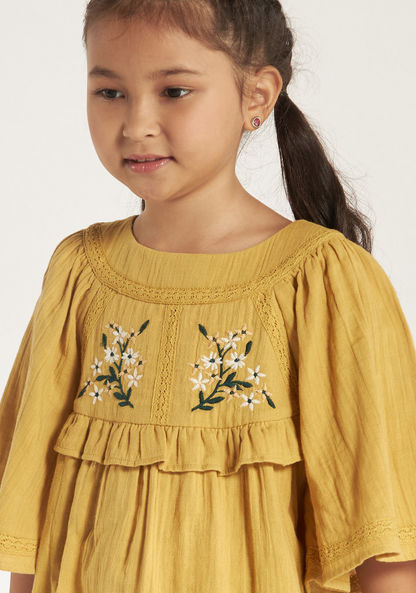Eligo Embroidered Top with Flutter Sleeves and Button Closure-Blouses-image-2