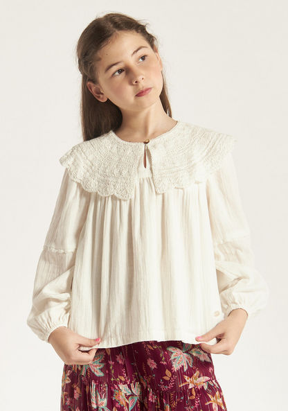 Eligo Solid Top with Scalloped Collar and Long Sleeves-Blouses-image-1