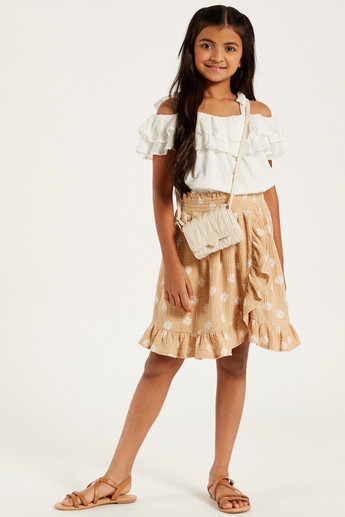 Floral Print Skirt with Flounce Hem and Shirred Waistband