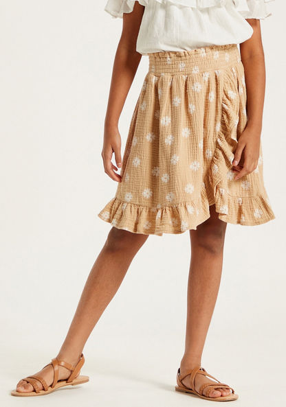 Floral Print Skirt with Flounce Hem and Shirred Waistband-Skirts-image-1
