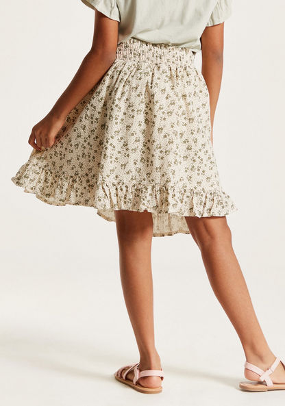 Floral Print Skirt with Flounce Hem and Shirred Waistband-Skirts-image-3