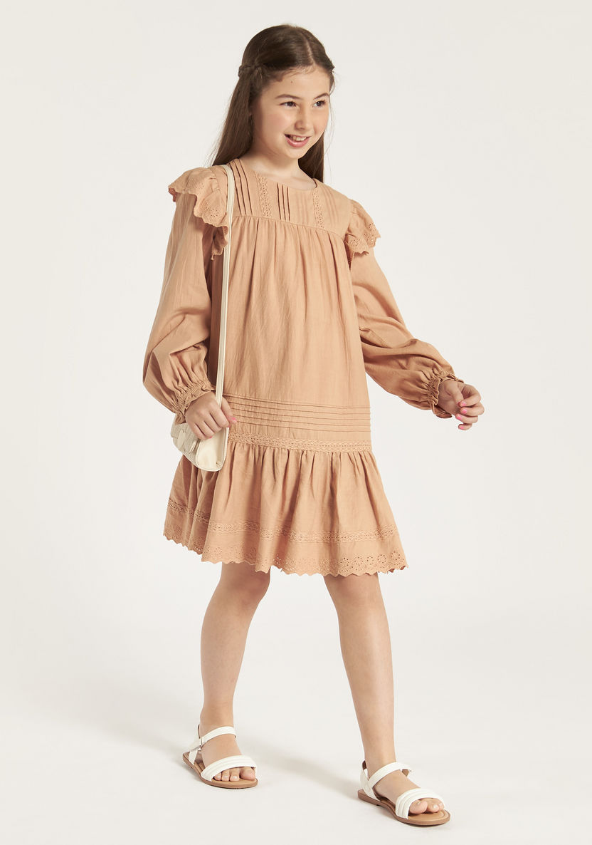 Eligo Solid Long Sleeve Dress with Ruffles and Pintuck Detail-Dresses, Gowns & Frocks-image-0