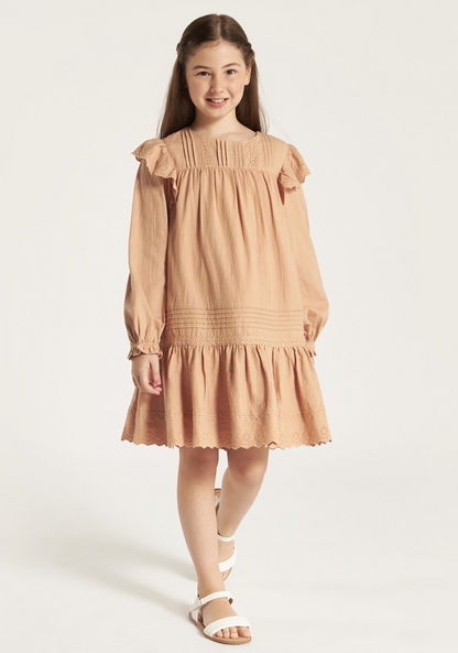 Eligo Solid Long Sleeve Dress with Ruffles and Pintuck Detail