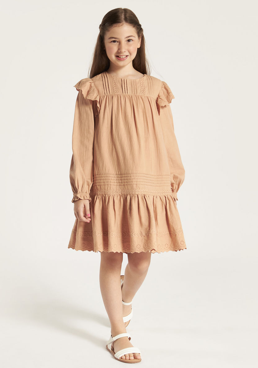 Eligo Solid Long Sleeve Dress with Ruffles and Pintuck Detail-Dresses, Gowns & Frocks-image-1