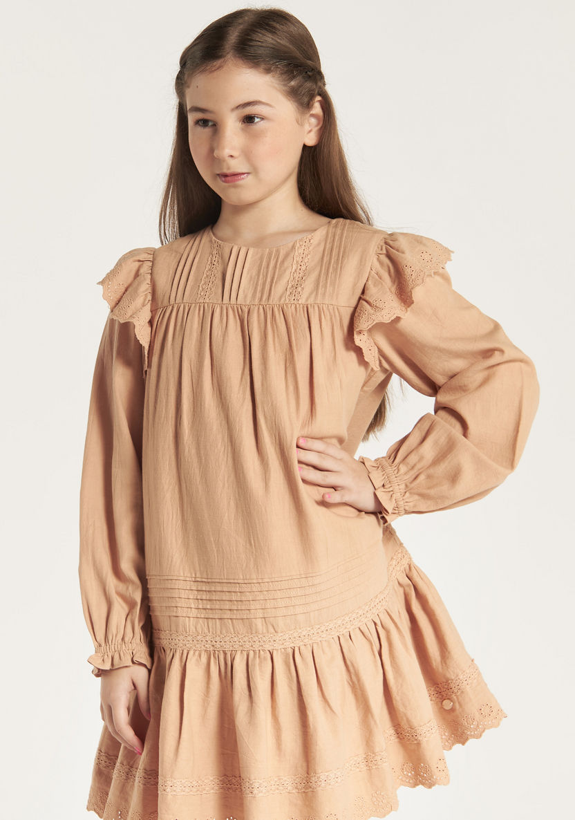 Eligo Solid Long Sleeve Dress with Ruffles and Pintuck Detail-Dresses, Gowns & Frocks-image-2
