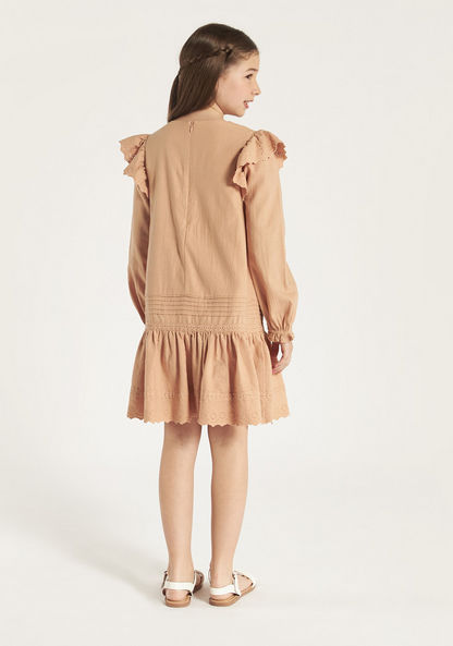 Eligo Solid Long Sleeve Dress with Ruffles and Pintuck Detail
