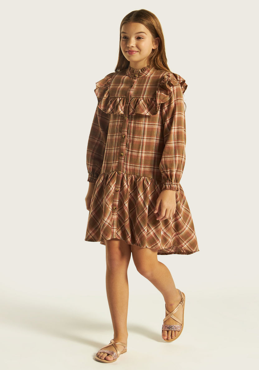 Eligo Checked Long Sleeves Dress with Button Placket and Ruffle Detail-Dresses, Gowns & Frocks-image-1