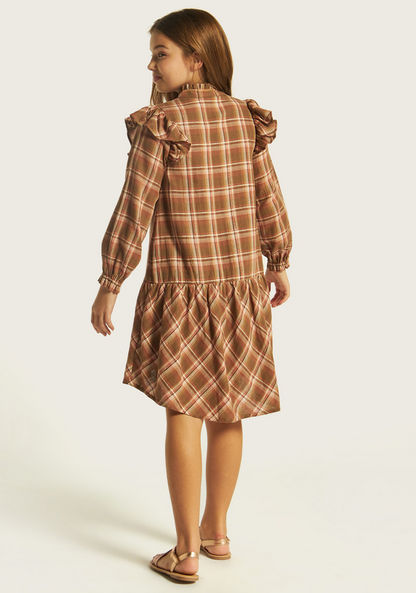 Eligo Checked Long Sleeves Dress with Button Placket and Ruffle Detail