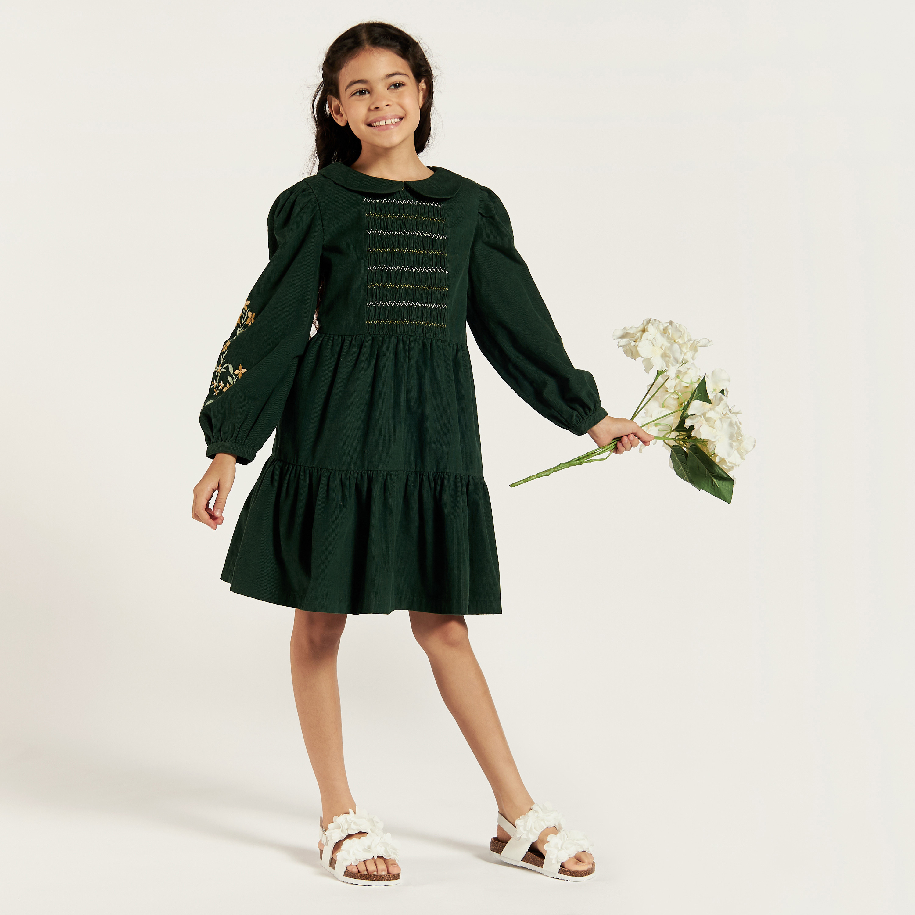 Buy Eligo Embroidered Tiered Dress with Peter Pan Collar and Long Sleeves Online Babyshop UAE