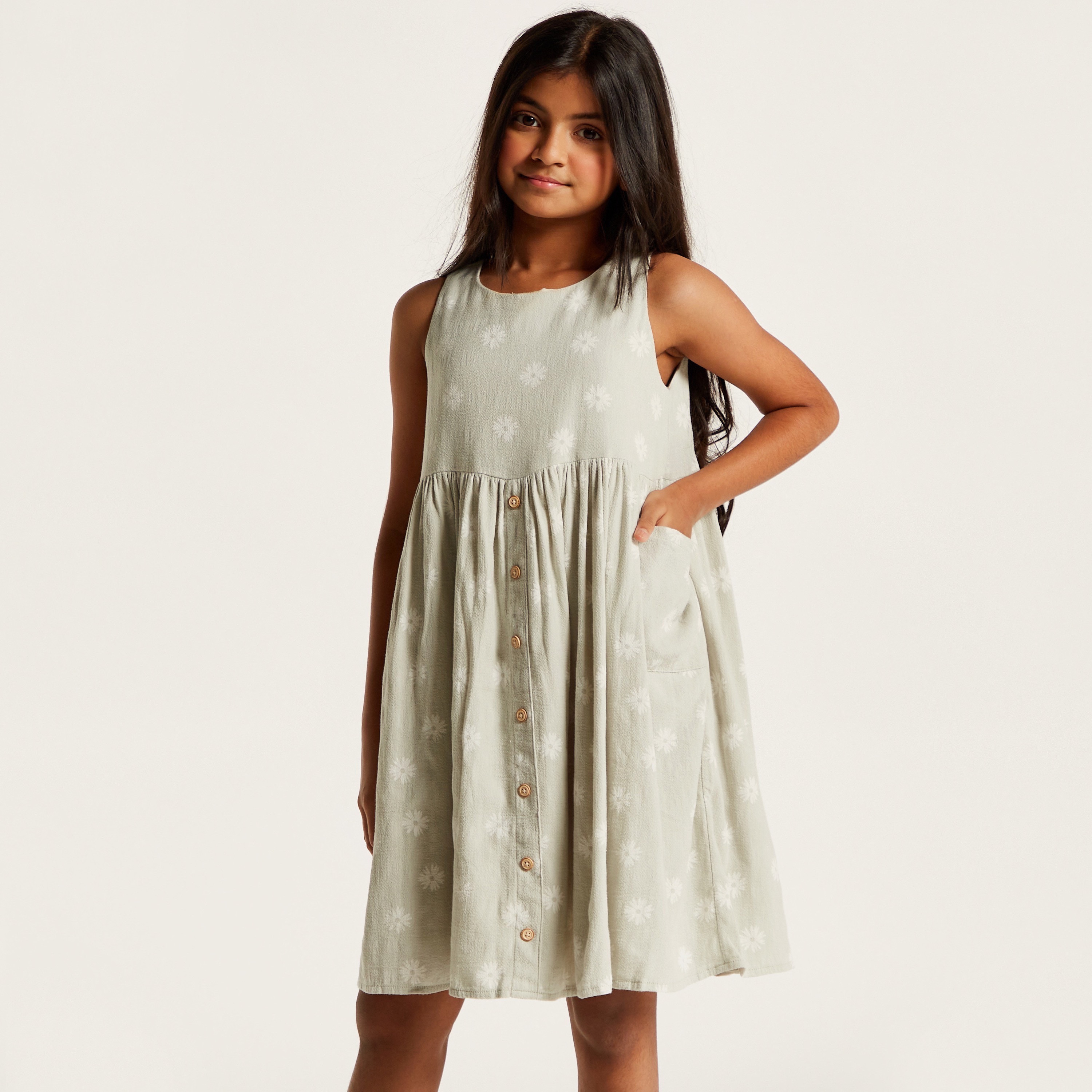 Eligo Floral Print Sleeveless Dress with Round Neck and Pocket-girls-clothing-dressesandjumpsuits-image-3