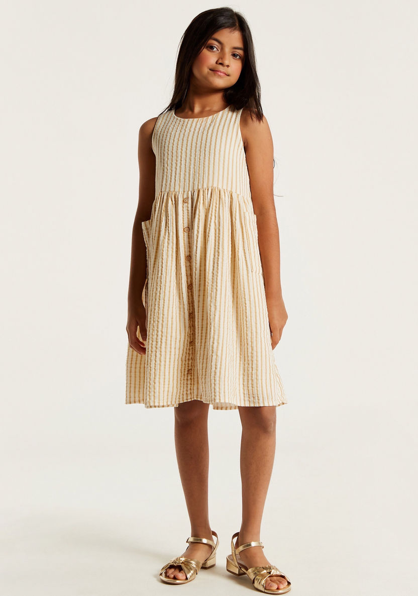 Striped Sleeveless Dress with Round Neck and Button Closure-Dresses, Gowns & Frocks-image-1