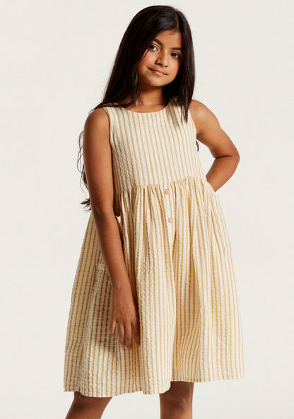 Striped Sleeveless Dress with Round Neck and Button Closure-Dresses%2C Gowns and Frocks-image-2