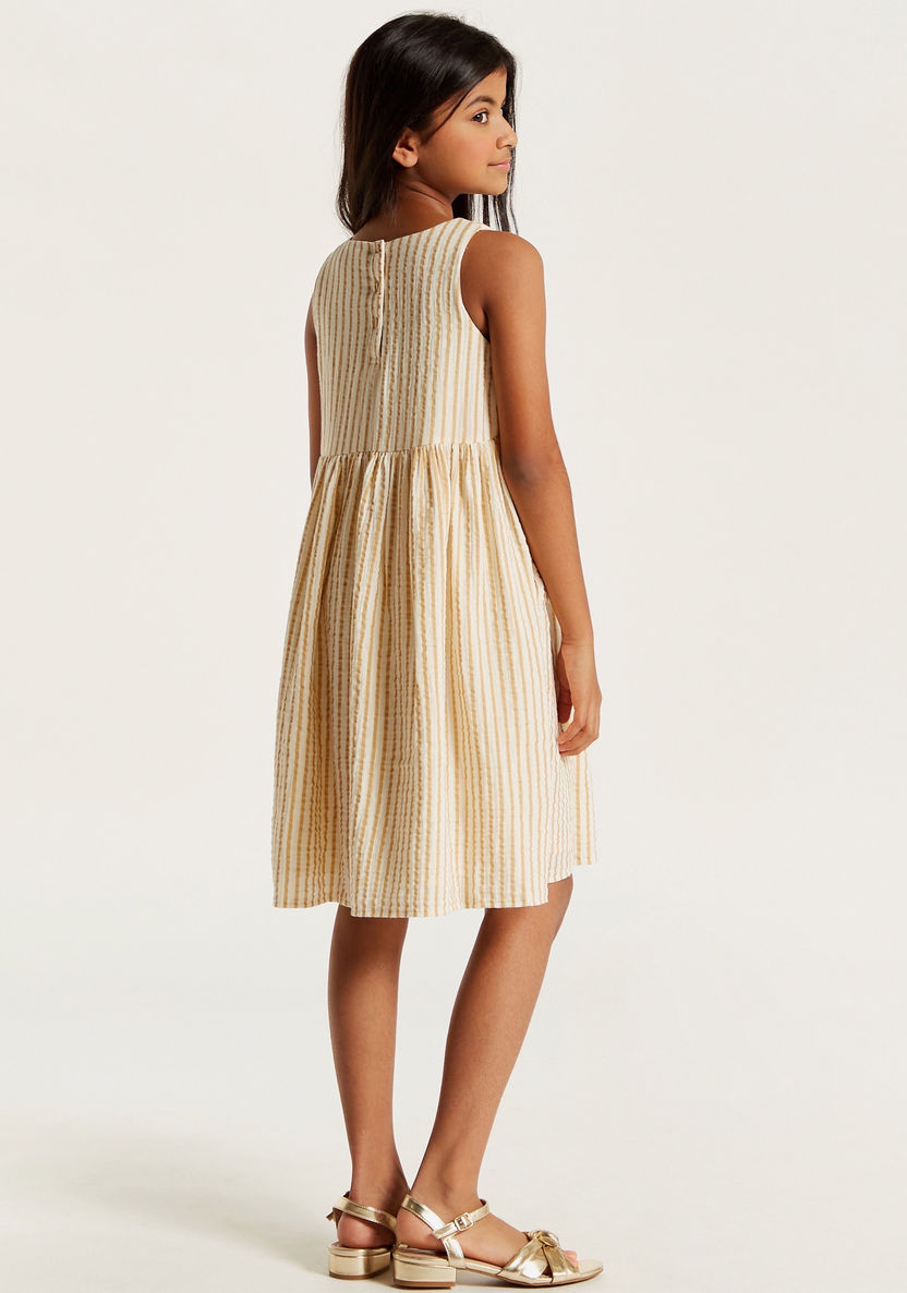 Striped Sleeveless Dress with Round Neck and Button Closure-Dresses, Gowns & Frocks-image-3