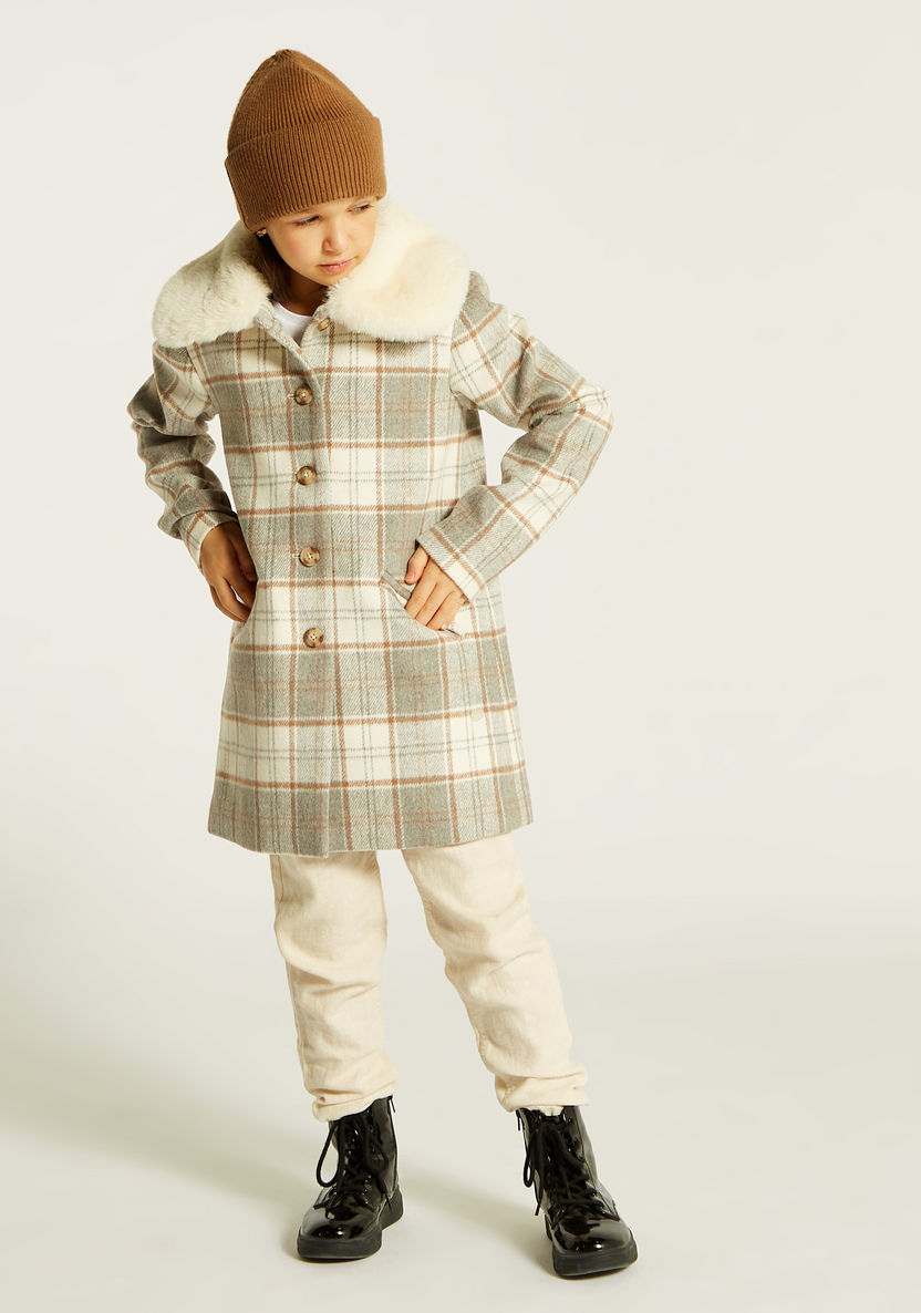 Eligo Checked Coat with Pockets and Fur Detailing-Coats and Jackets-image-0