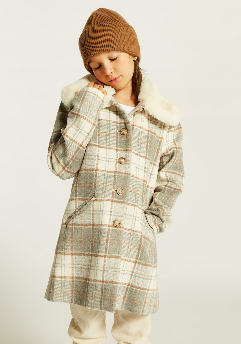 Eligo Checked Coat with Pockets and Fur Detailing-Coats and Jackets-image-2