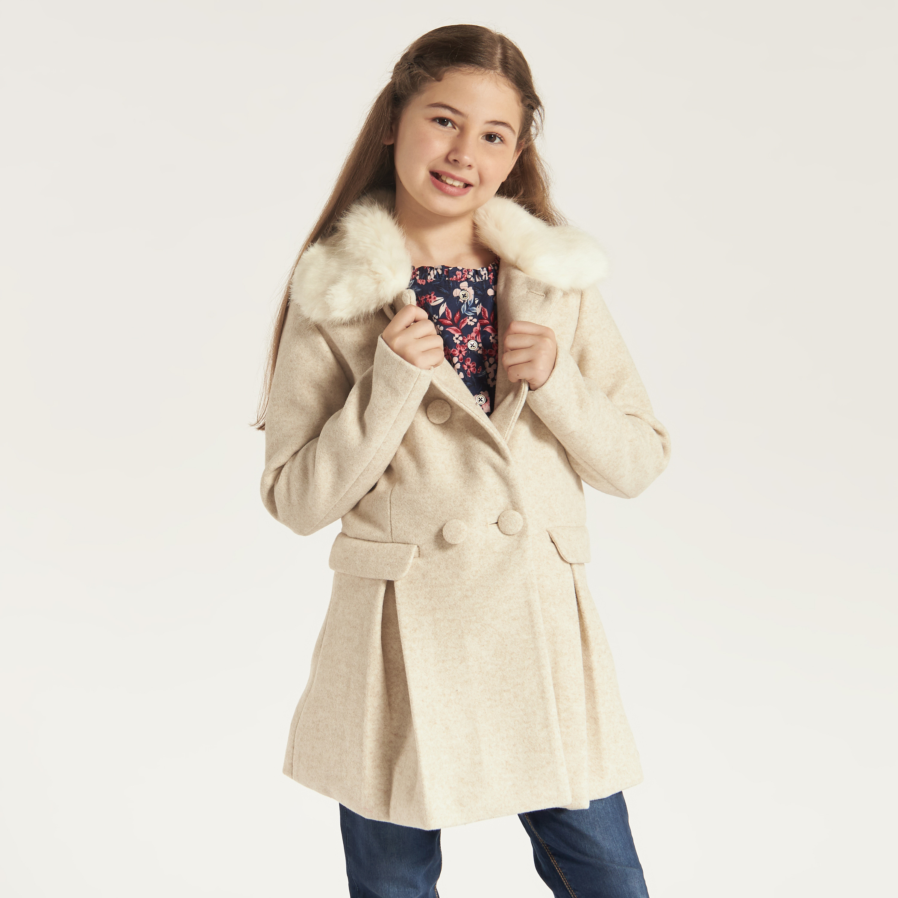 Eligo Solid Coat with Plush Collar and Button Closure-girls-clothing-winterwear-jacketsandcoats-image-2