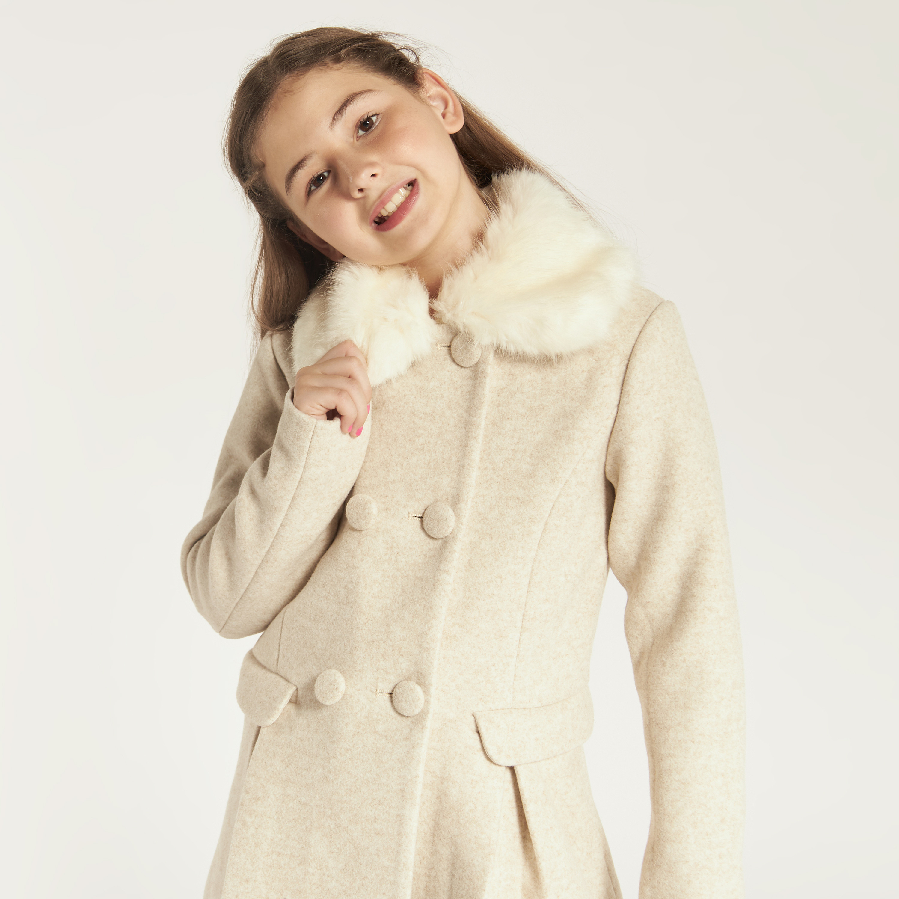 Eligo Solid Coat with Plush Collar and Button Closure-girls-clothing-winterwear-jacketsandcoats-image-3
