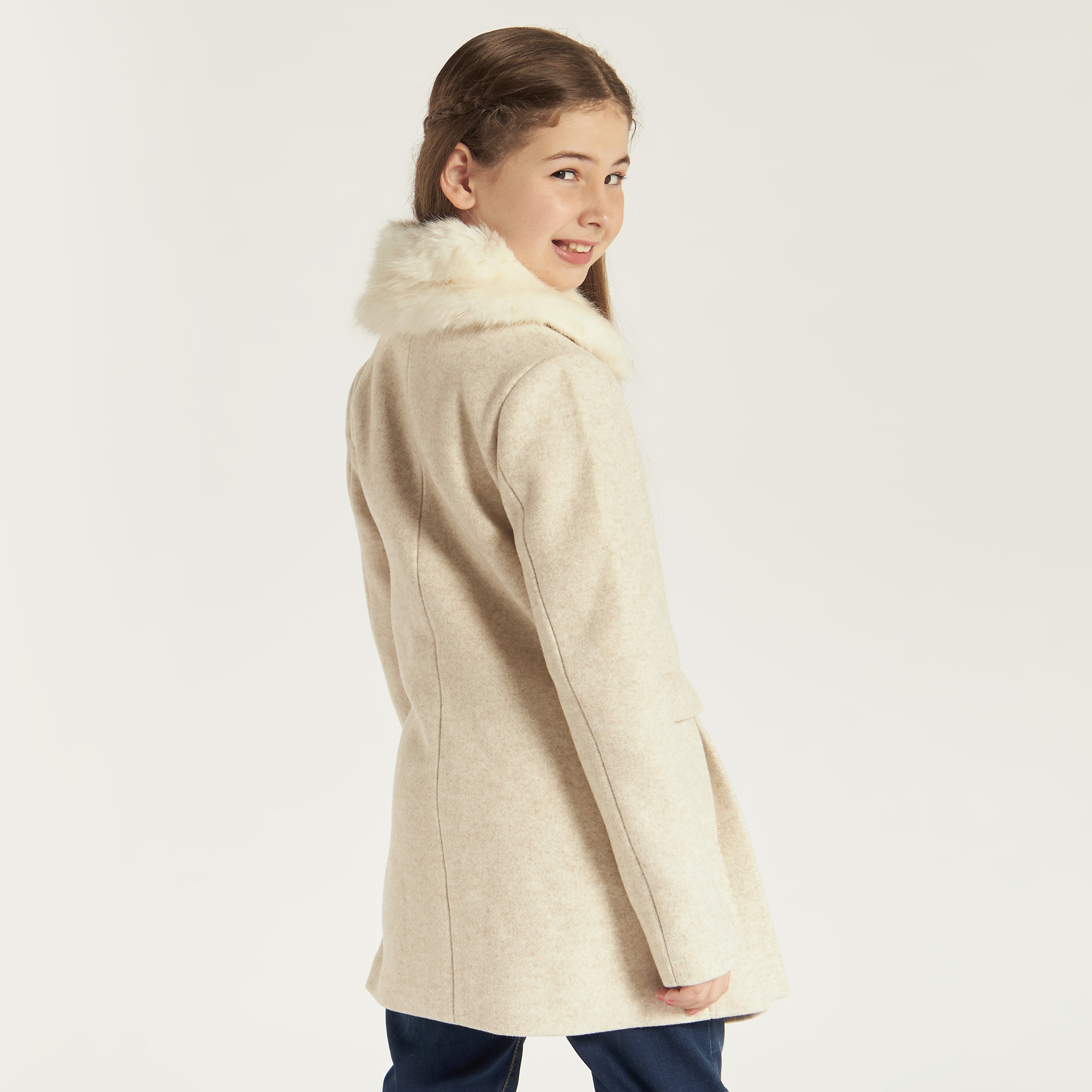 Eligo Solid Coat with Plush Collar and Button Closure-girls-clothing-winterwear-jacketsandcoats-image-4