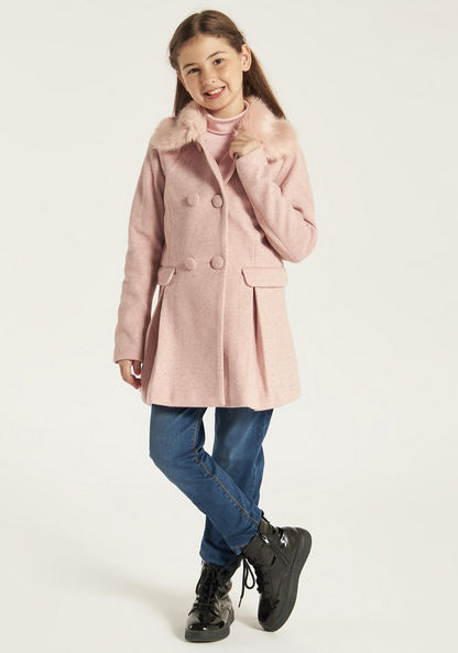 Eligo Textured Jacket with Fur Collar and Long Sleeves-Coats and Jackets-image-1