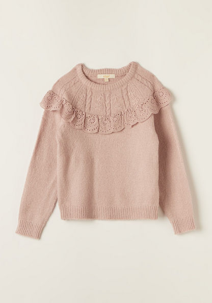 Eligo Textured Long Sleeves Sweater with Ribbed Crew Neck and Scalloped Trim-Sweaters and Cardigans-image-0