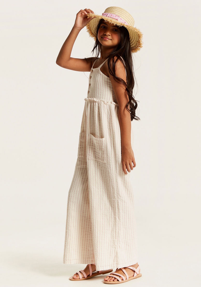 Striped Sleeveless Jumpsuit with Pockets and Ruffle Detail-Rompers, Dungarees & Jumpsuits-image-0