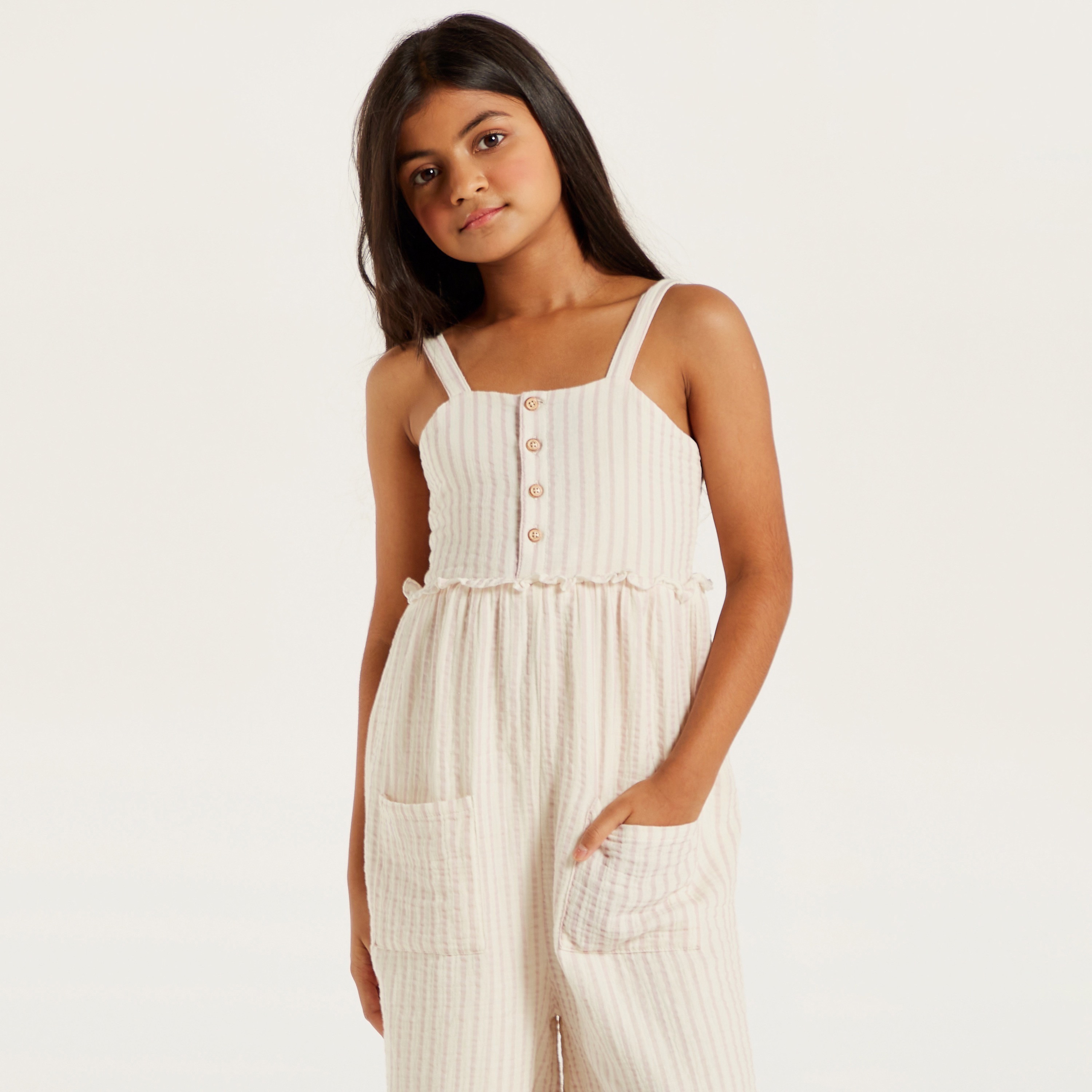 Eligo Striped Sleeveless Jumpsuit with Pockets and Ruffle Detail-girls-clothing-rompers-image-3