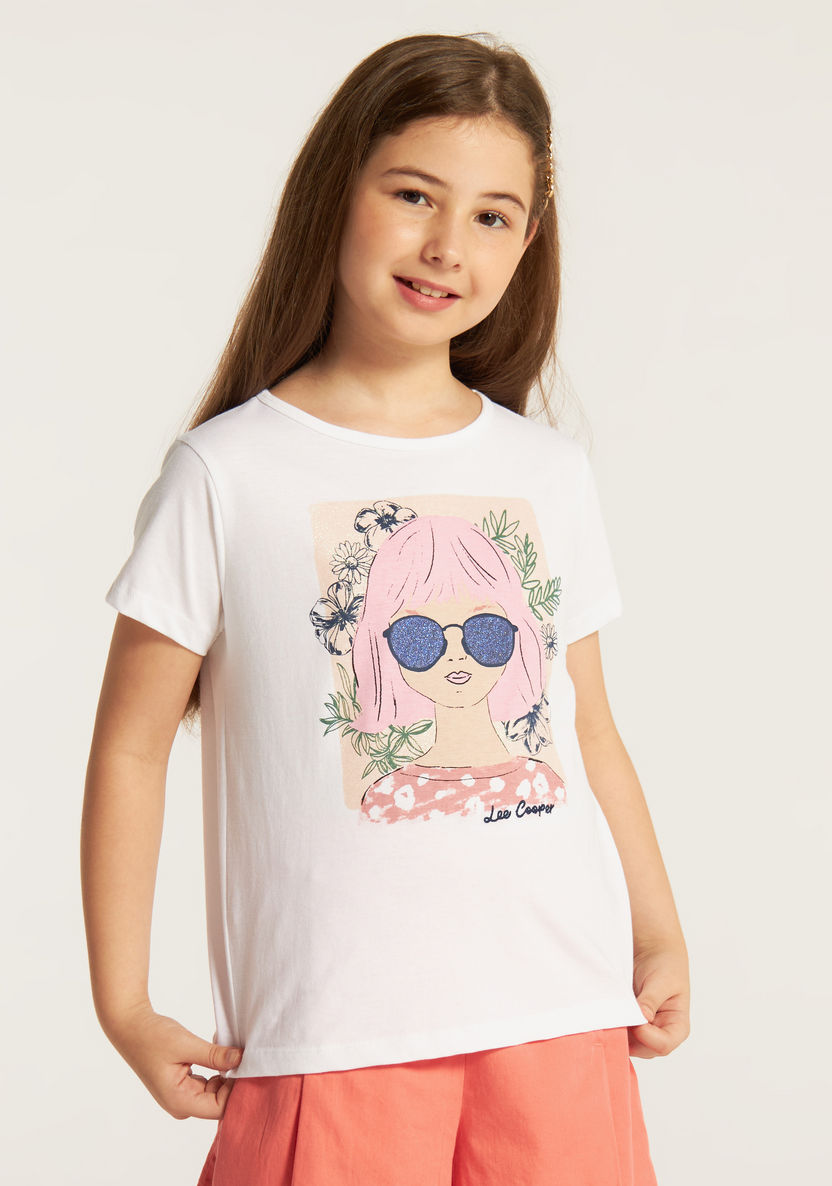 Lee Cooper Graphic Glitter Print T-shirt with Short Sleeves-T Shirts-image-1