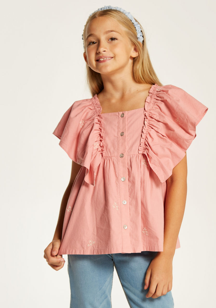 Lee Cooper Embroidered Top with Ruffles and Button Closure-Blouses-image-1