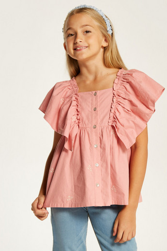 Lee Cooper Embroidered Top with Ruffles and Button Closure