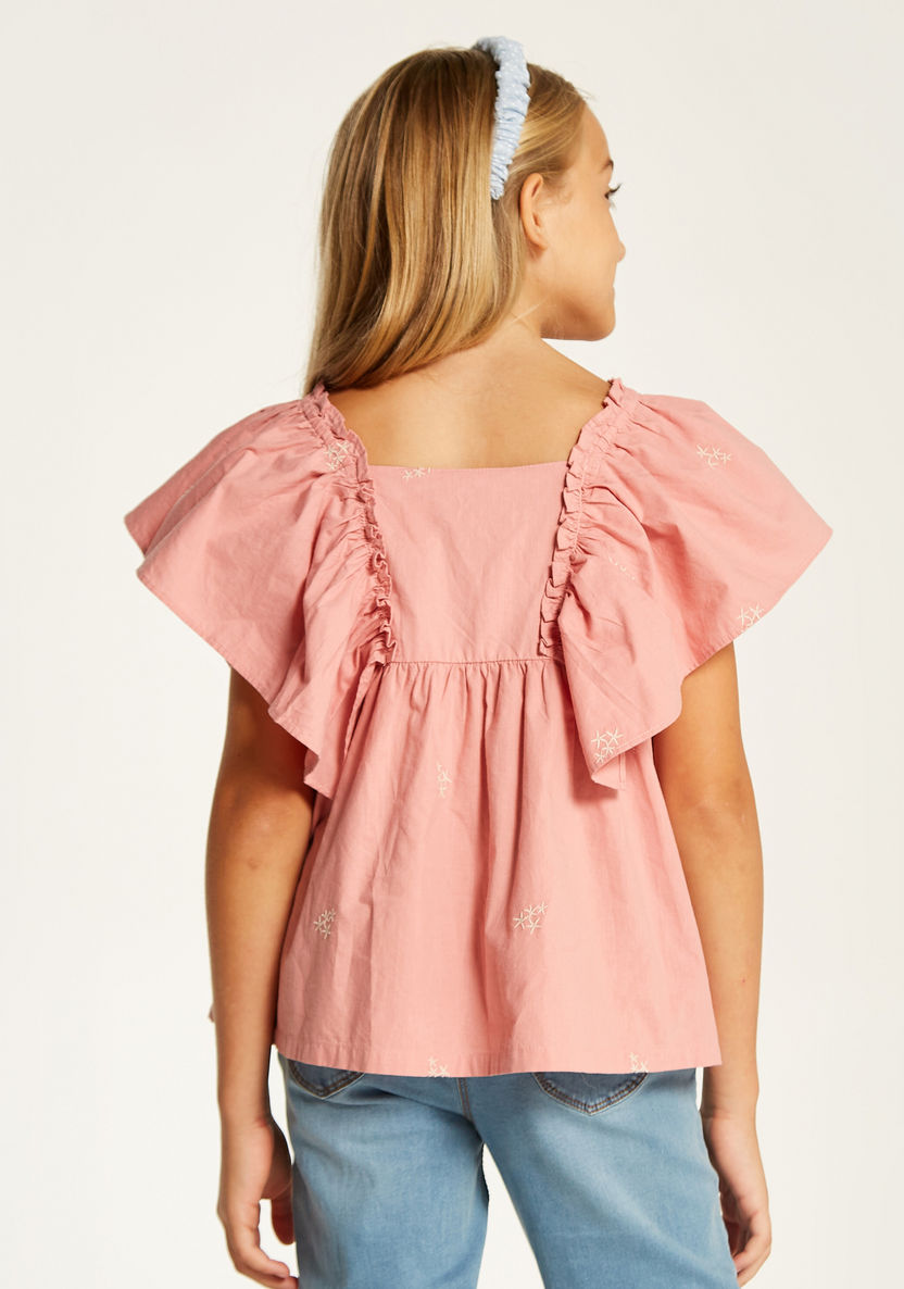 Lee Cooper Embroidered Top with Ruffles and Button Closure-Blouses-image-3