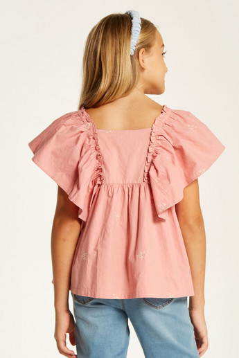 Lee Cooper Embroidered Top with Ruffles and Button Closure